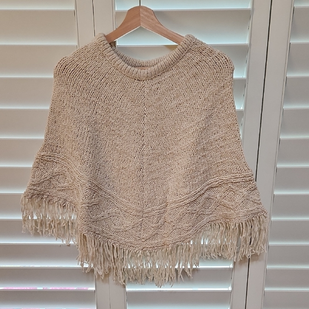 Cream Knitted Poncho with Fringe